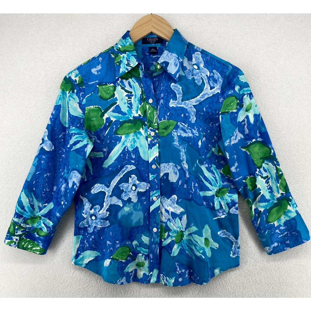 CHAPS Blouse Women PS Floral Watercolor Button Up 3/4 Sleeve Cotton Sateen Blue